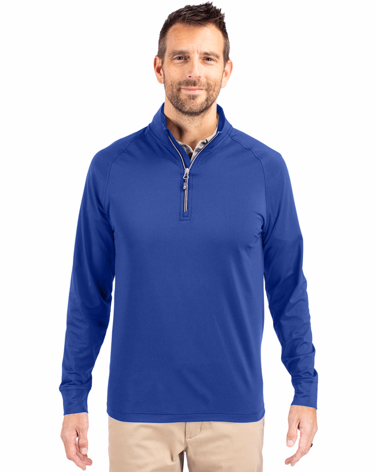 Custom Cutter & Buck Adapt Recycled Soft Knit Stretch Mens Quarter Zip Pullover — Tour Blue front