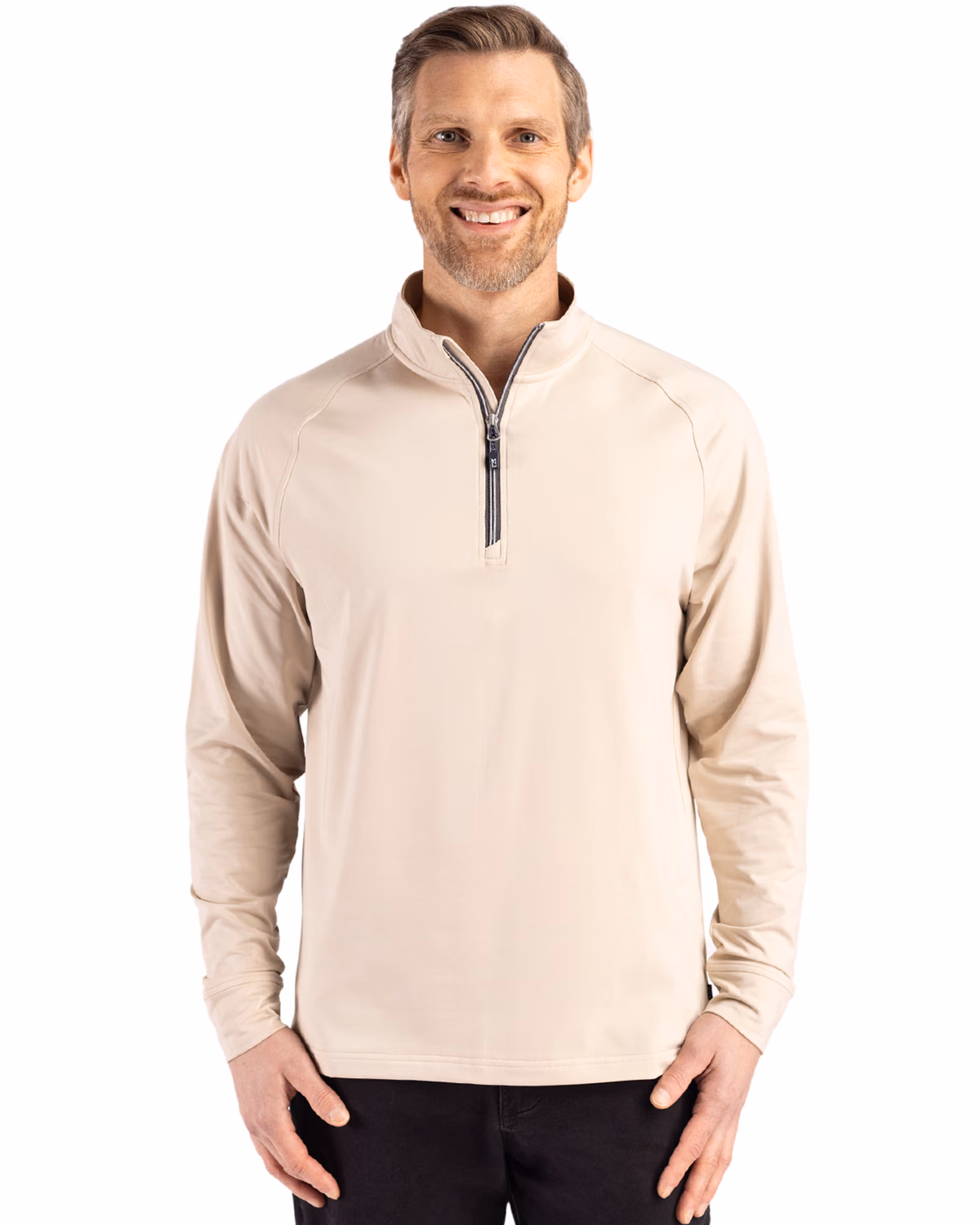 Custom Cutter & Buck Adapt Recycled Soft Knit Stretch Mens Quarter Zip Pullover — Wheat front