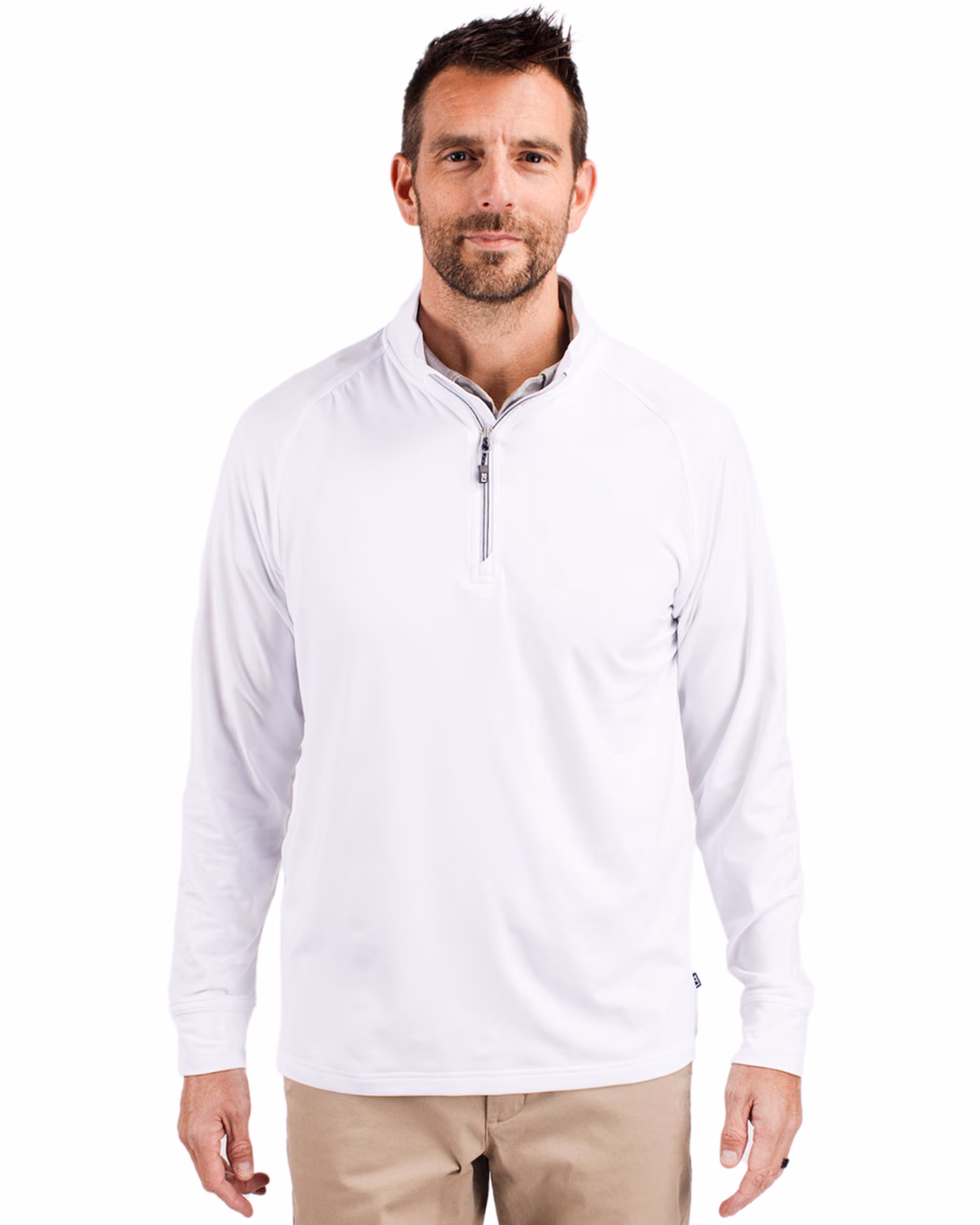 Custom Cutter & Buck Adapt Recycled Soft Knit Stretch Mens Quarter Zip Pullover — White front