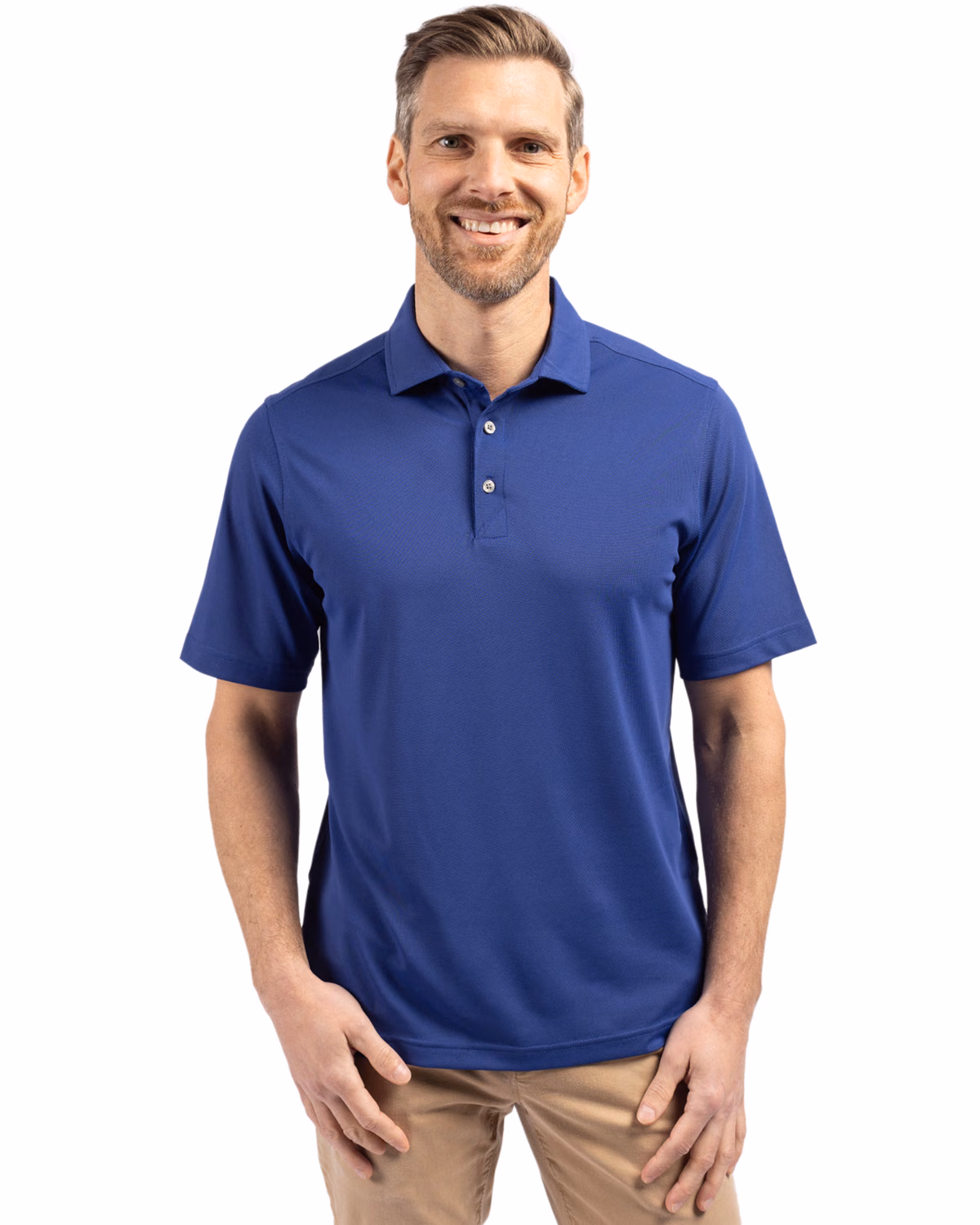 Custom Cutter & Buck Virtue Recycled Featherlight Pique Mens Polo — Tour Blue front