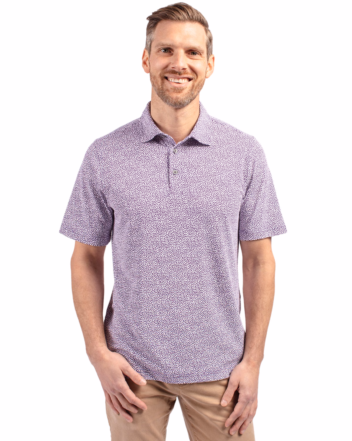 Custom Cutter & Buck Virtue Recycled Botanical Print Featherlight Pique Mens Polo — College Purple front