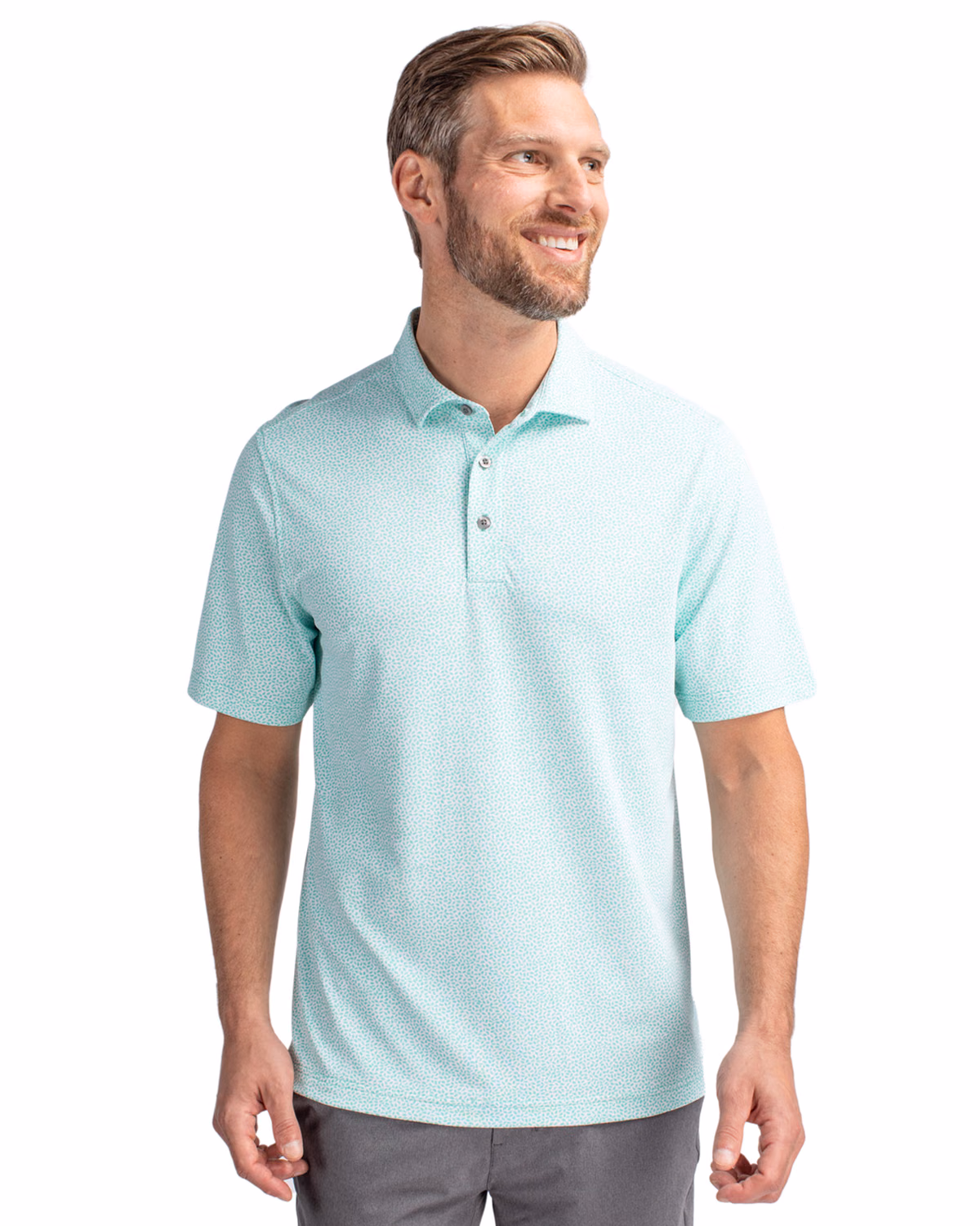 Custom Cutter & Buck Virtue Recycled Botanical Print Featherlight Pique Mens Polo — Fresh Mint front