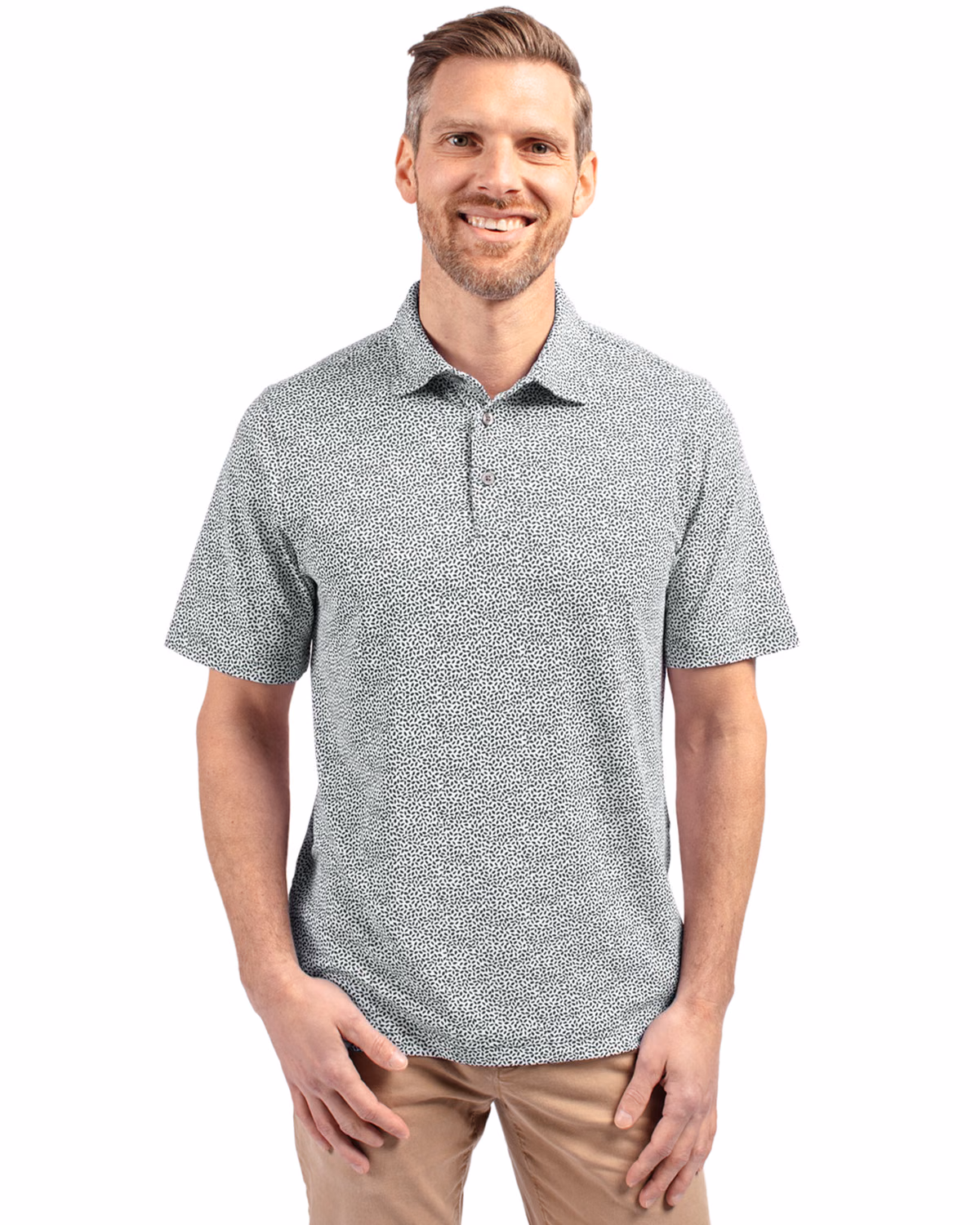 Custom Cutter & Buck Virtue Recycled Botanical Print Featherlight Pique Mens Polo — Hunter front