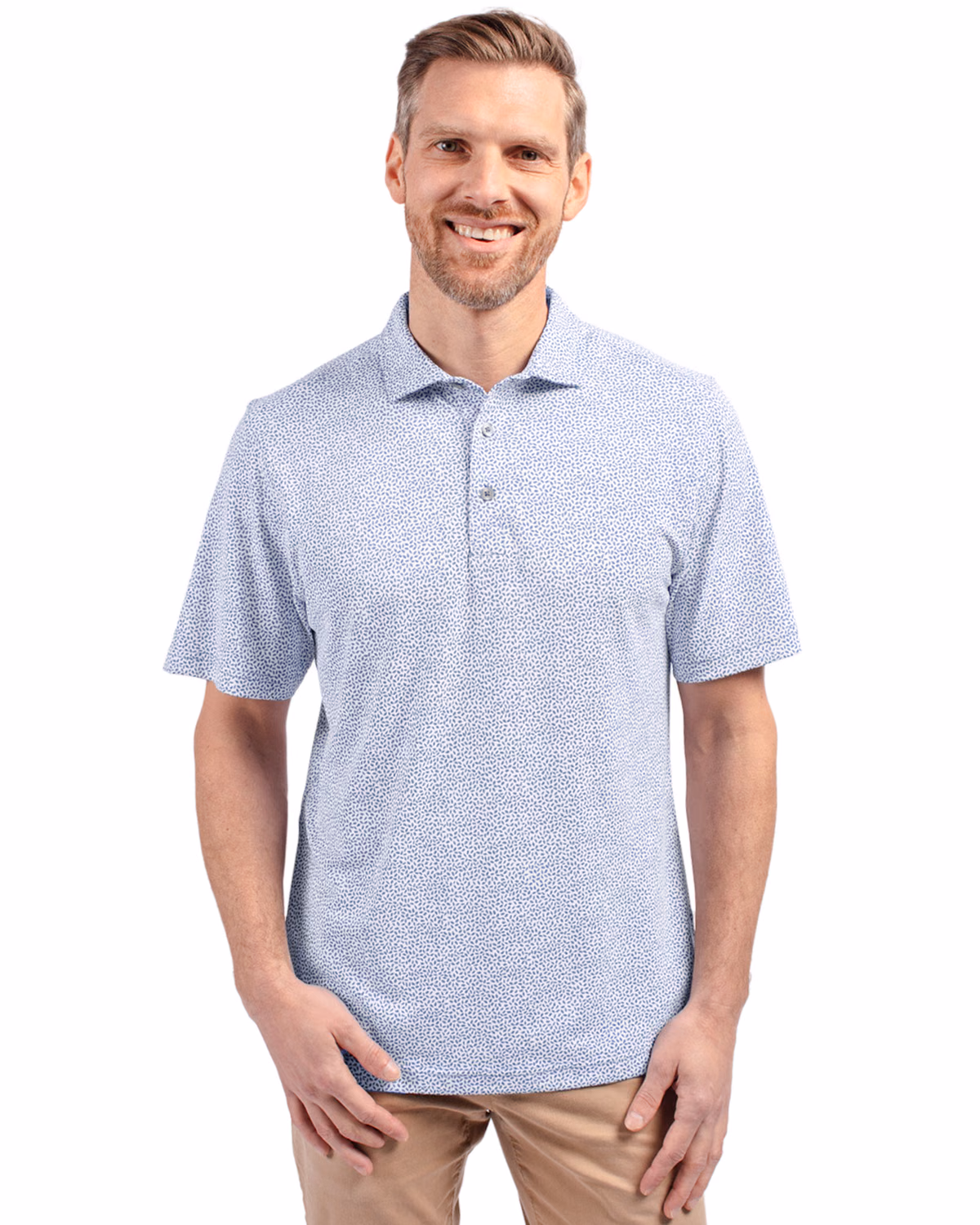 Custom Cutter & Buck Virtue Recycled Botanical Print Featherlight Pique Mens Polo — Hyacinth front