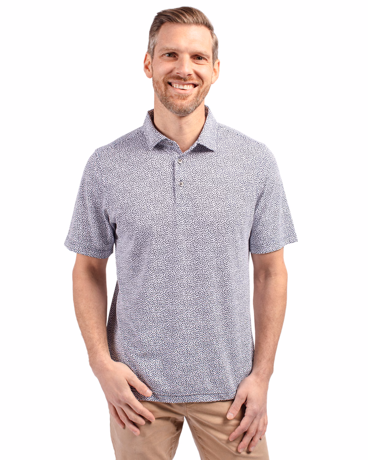Custom Cutter & Buck Virtue Recycled Botanical Print Featherlight Pique Mens Polo — Navy Blue front