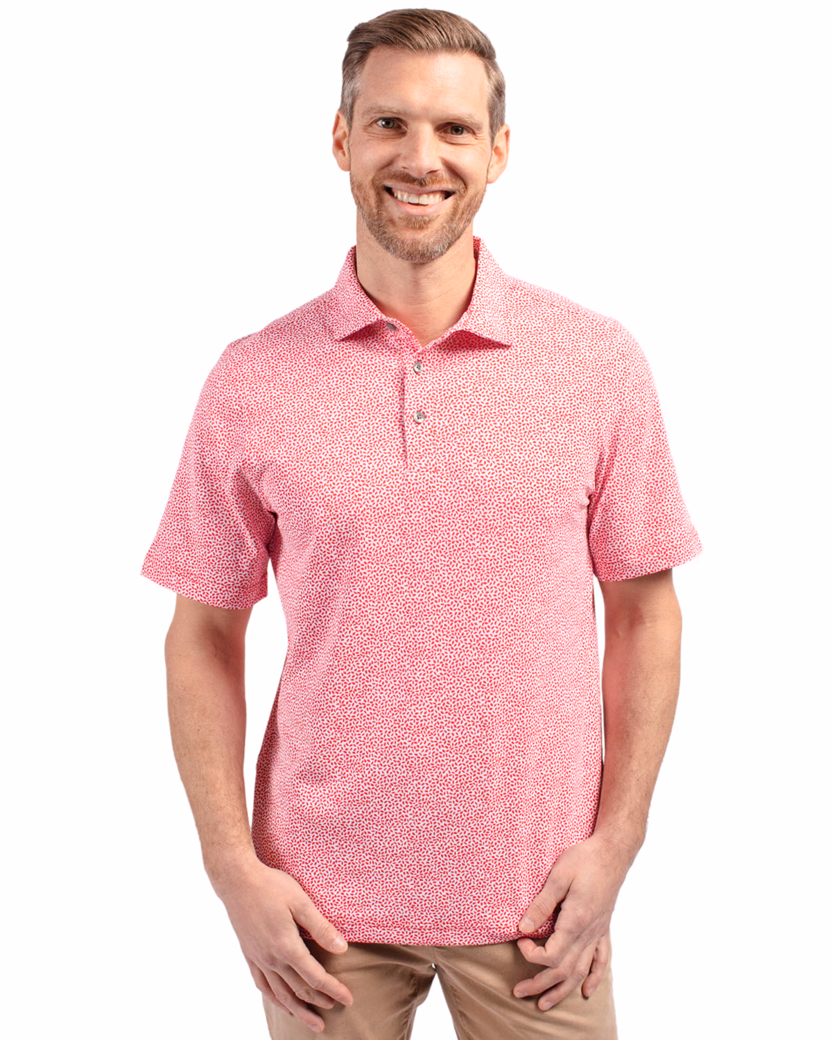 Custom Cutter & Buck Virtue Recycled Botanical Print Featherlight Pique Mens Polo — Red front