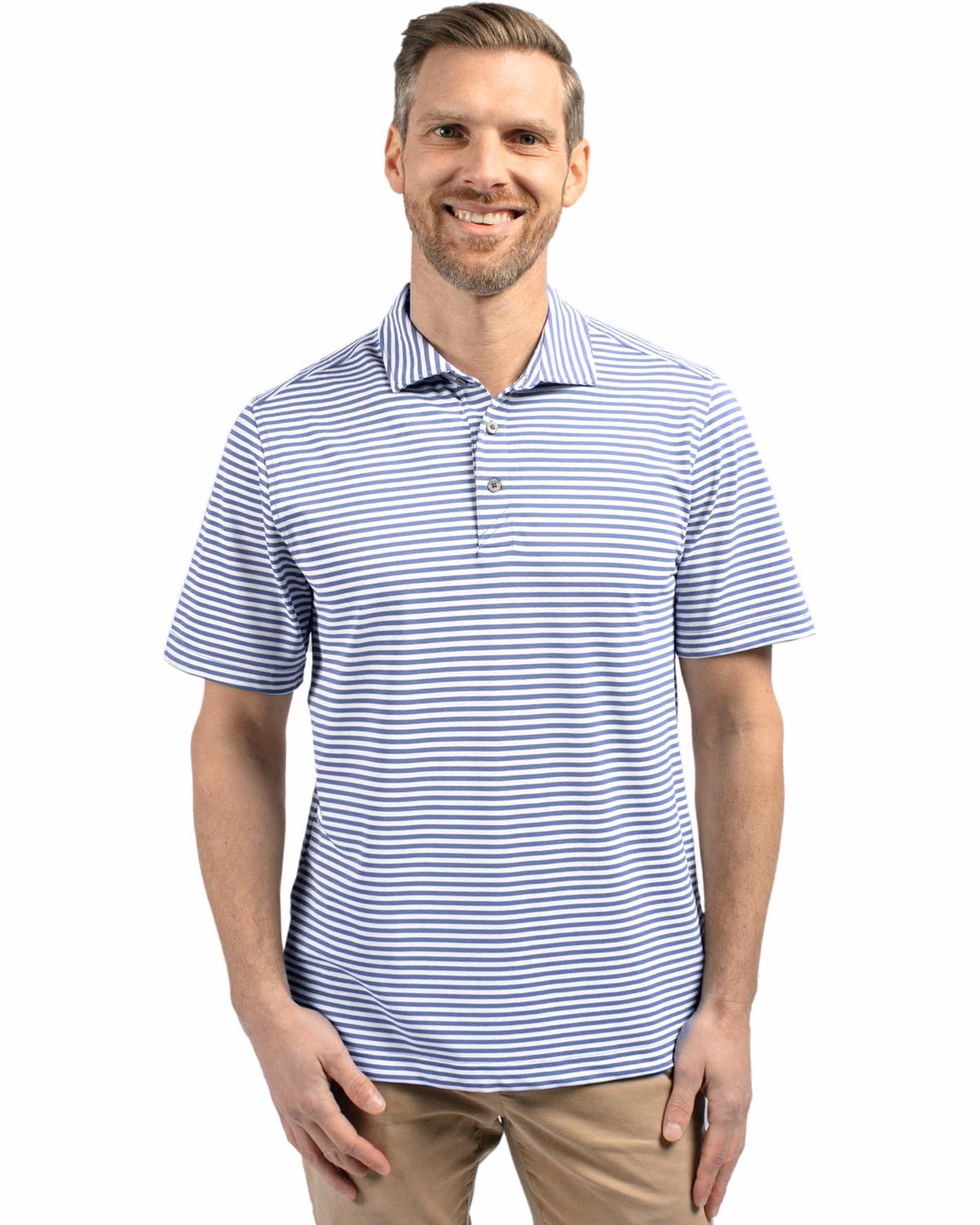 Custom Cutter & Buck Virtue Recycled Stripe Featherlight Pique Mens Polo — Hyacinth front