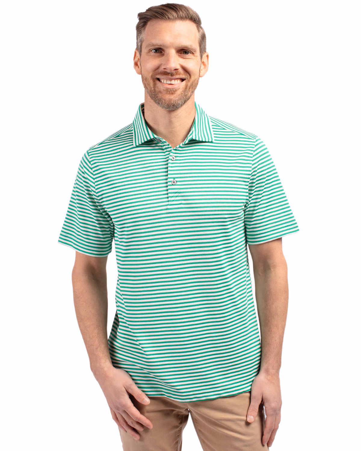 Custom Cutter & Buck Virtue Recycled Stripe Featherlight Pique Mens Polo — Kelly Green front