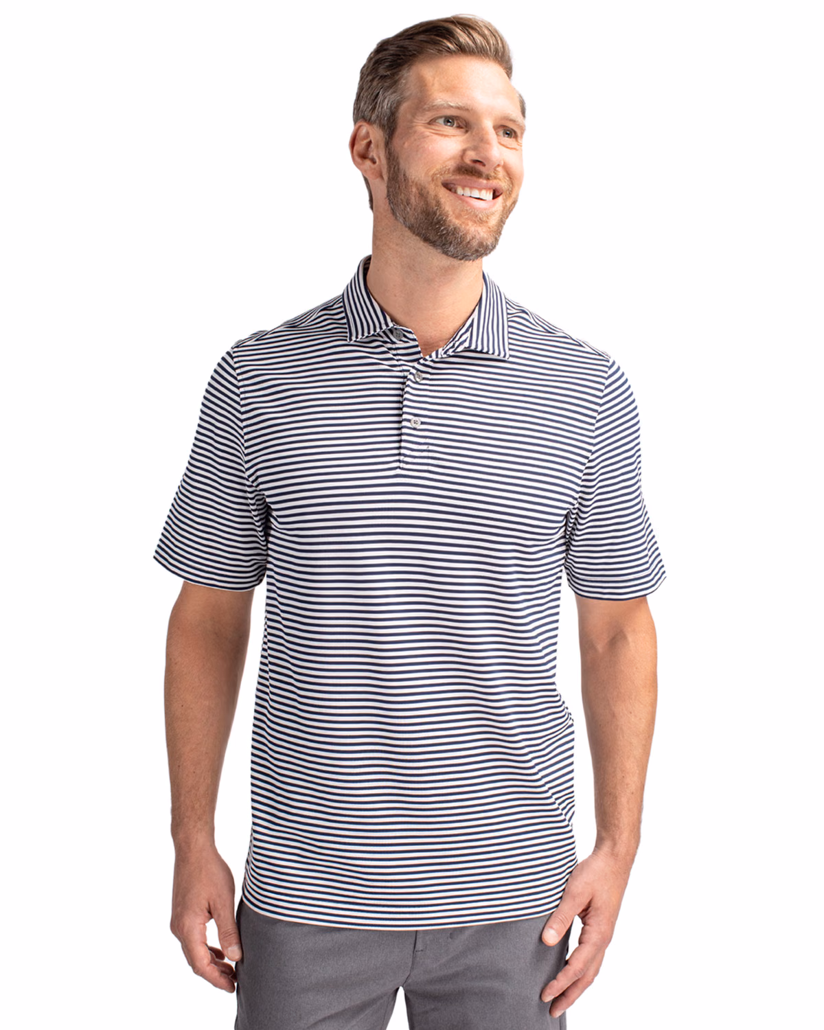 Custom Cutter & Buck Virtue Recycled Stripe Featherlight Pique Mens Polo — Navy Blue front