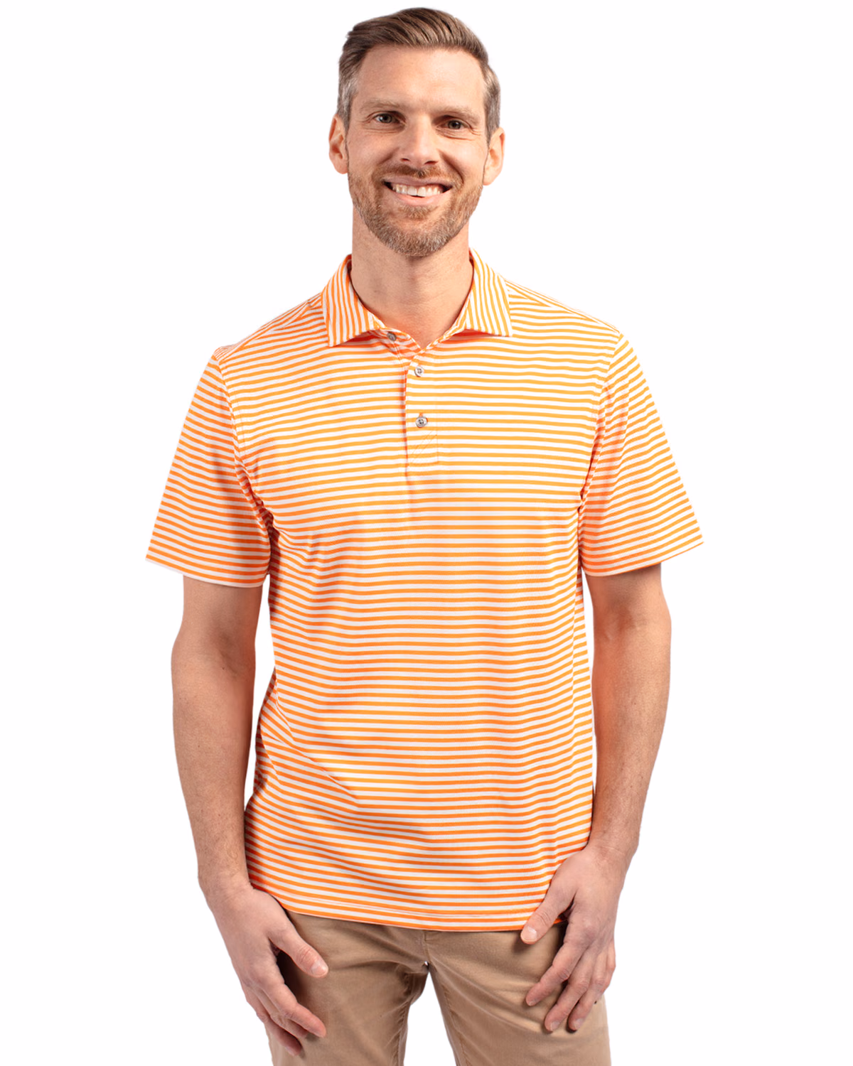 Custom Cutter & Buck Virtue Recycled Stripe Featherlight Pique Mens Polo — Orange Burst front