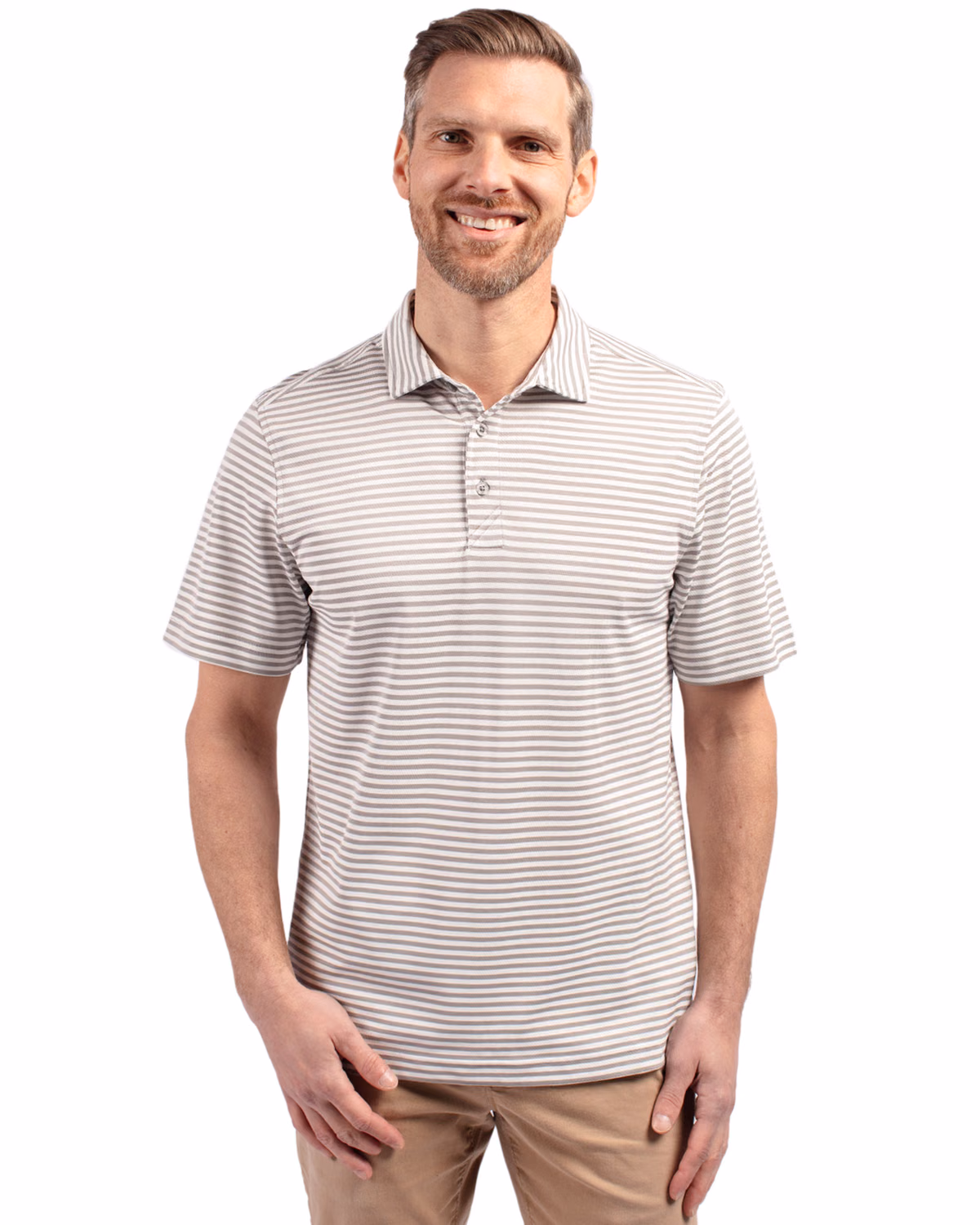 Custom Cutter & Buck Virtue Recycled Stripe Featherlight Pique Mens Polo — Polished front