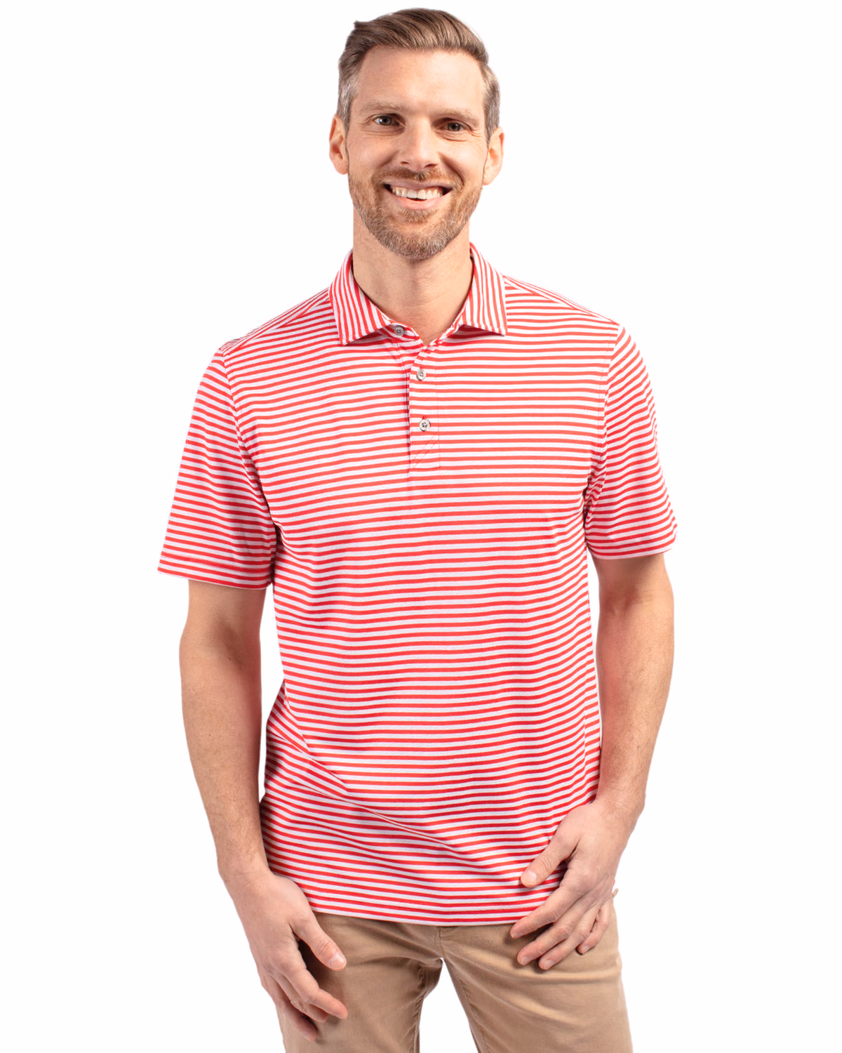 Custom Cutter & Buck Virtue Recycled Stripe Featherlight Pique Mens Polo — Red front