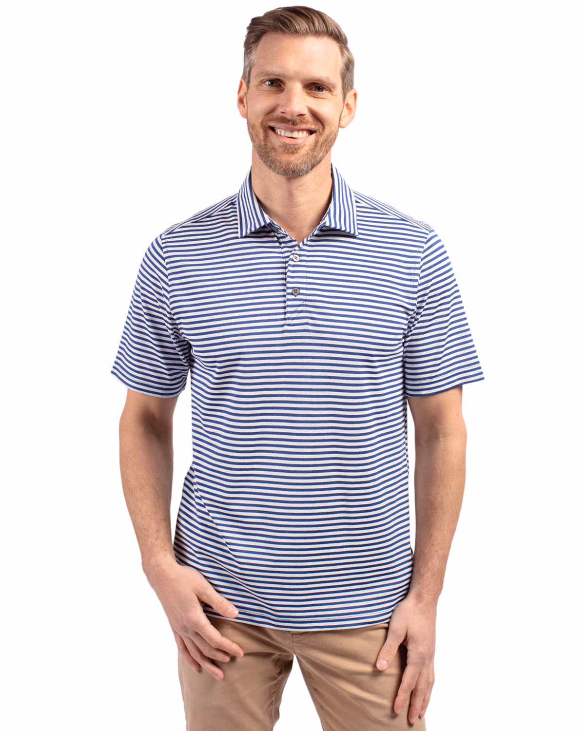 Custom Cutter & Buck Virtue Recycled Stripe Featherlight Pique Mens Polo — Tour Blue front