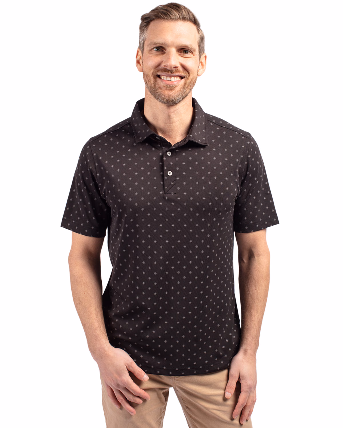 Custom Cutter & Buck Virtue Recycled Tile Print Featherlight Pique Mens Polo — Black front