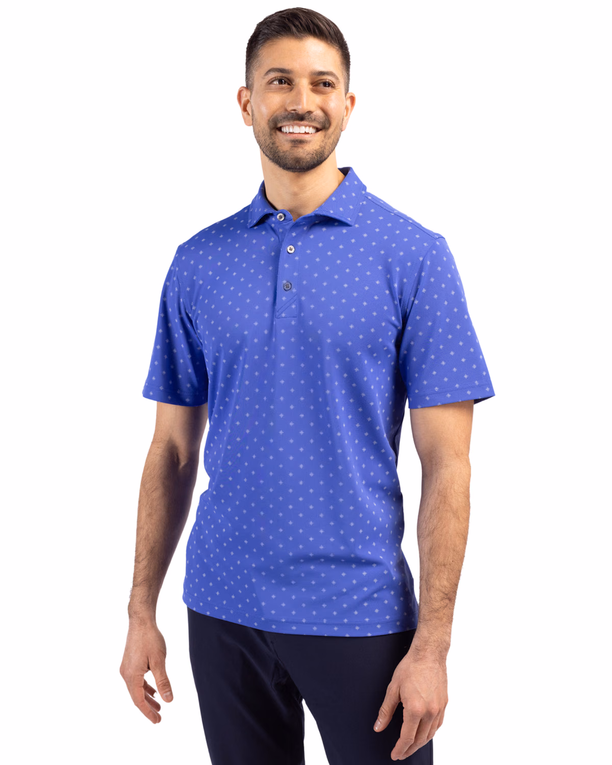 Custom Cutter & Buck Virtue Recycled Tile Print Featherlight Pique Mens Polo — Chelan front