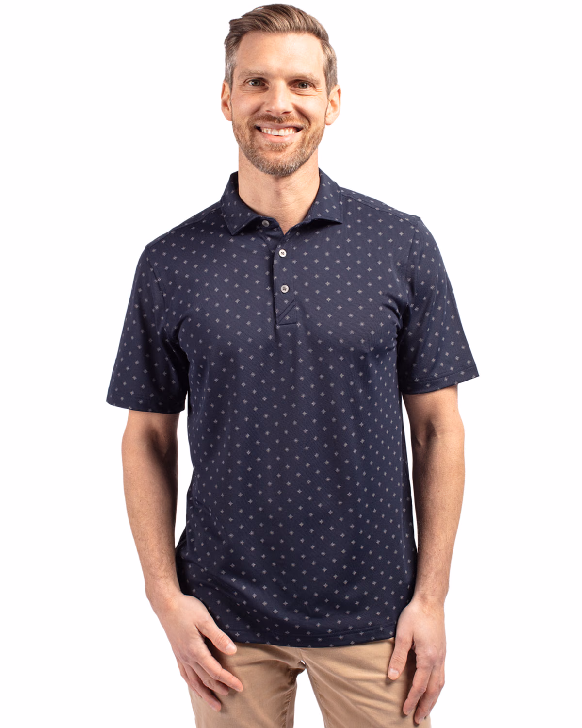 Custom Cutter & Buck Virtue Recycled Tile Print Featherlight Pique Mens Polo — Navy Blue front
