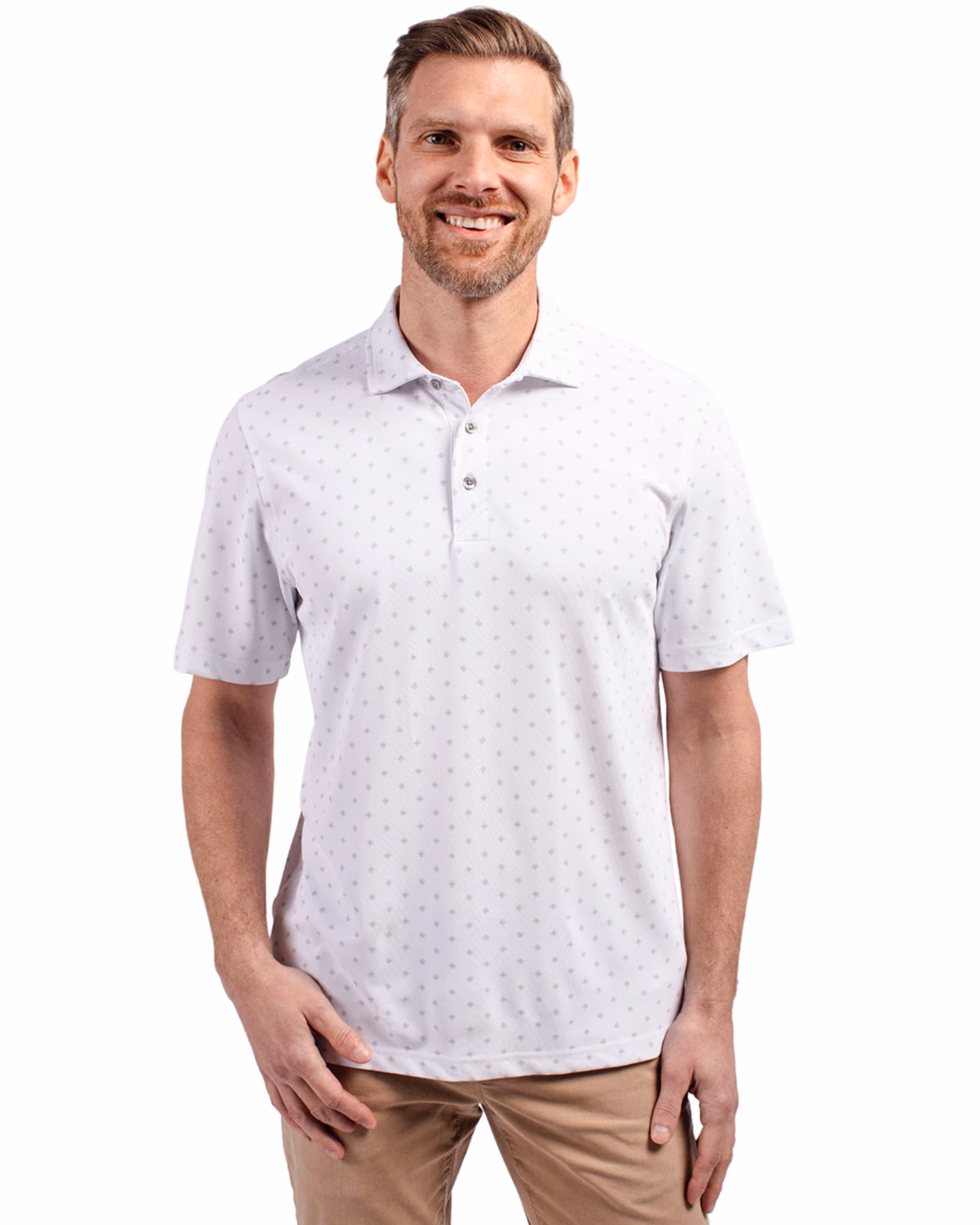 Custom Cutter & Buck Virtue Recycled Tile Print Featherlight Pique Mens Polo — White front