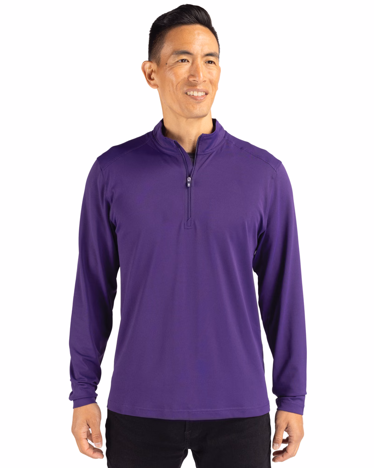 Custom Cutter & Buck Virtue Recycled Featherlight Pique Mens Quarter Zip Pullover — College Purple front