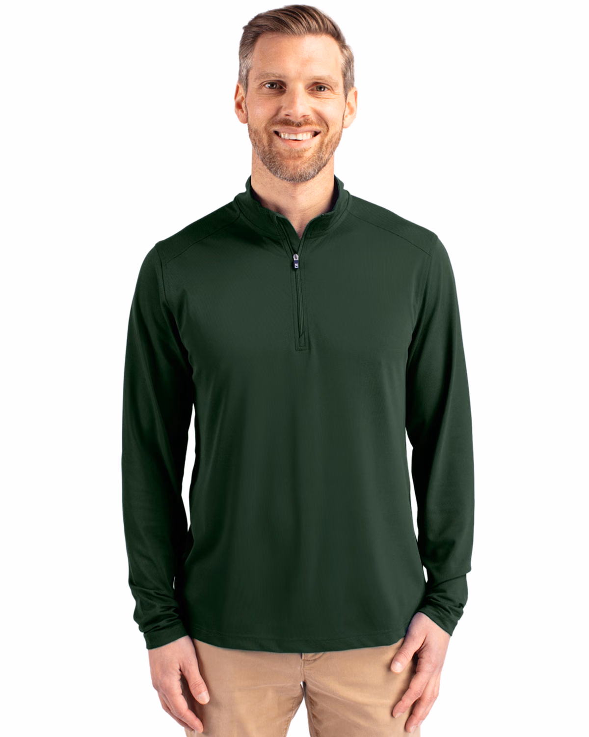 Custom Cutter & Buck Virtue Recycled Featherlight Pique Mens Quarter Zip Pullover — Hunter front