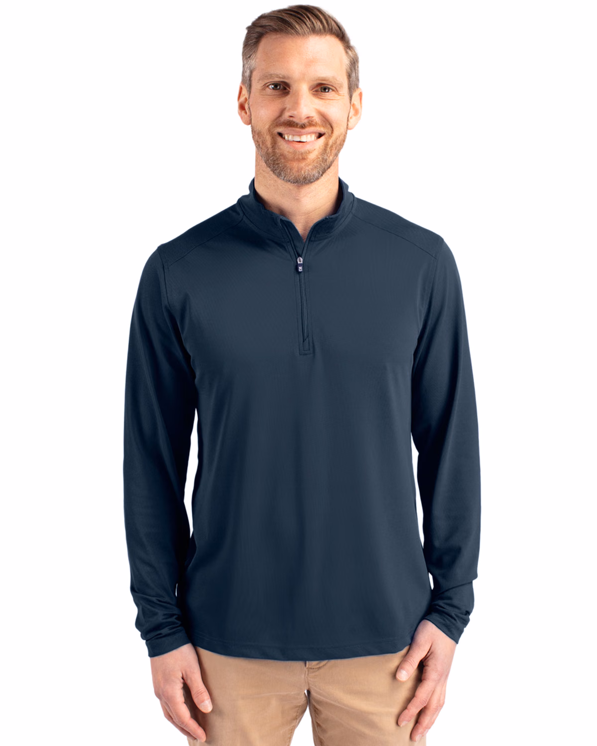 Custom Cutter & Buck Virtue Recycled Featherlight Pique Mens Quarter Zip Pullover — Navy Blue front