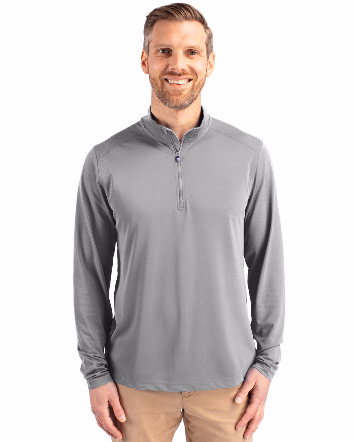 Custom Cutter & Buck Virtue Recycled Featherlight Pique Mens Quarter Zip Pullover — Polished front