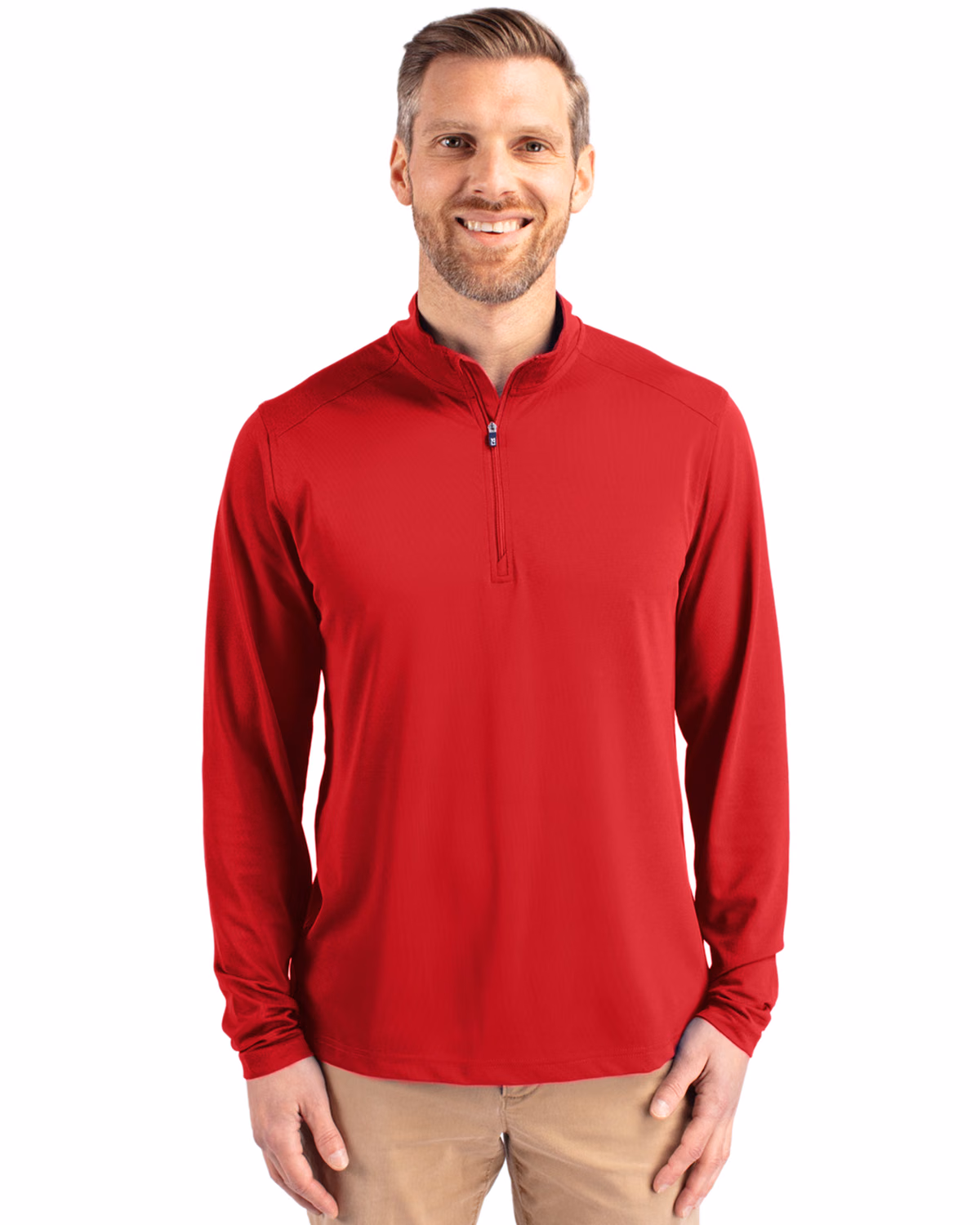 Custom Cutter & Buck Virtue Recycled Featherlight Pique Mens Quarter Zip Pullover — Red front