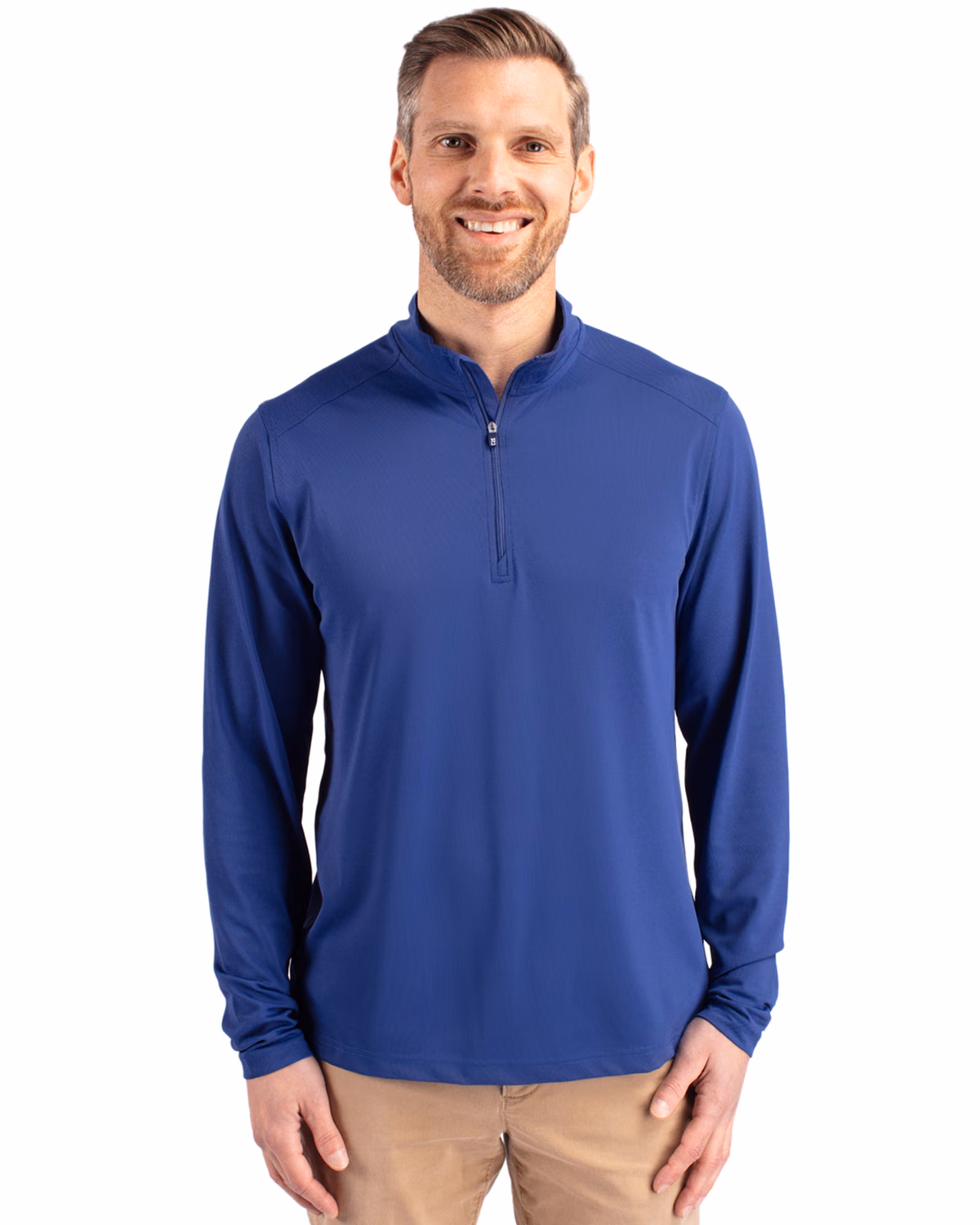 Custom Cutter & Buck Virtue Recycled Featherlight Pique Mens Quarter Zip Pullover — Tour Blue front