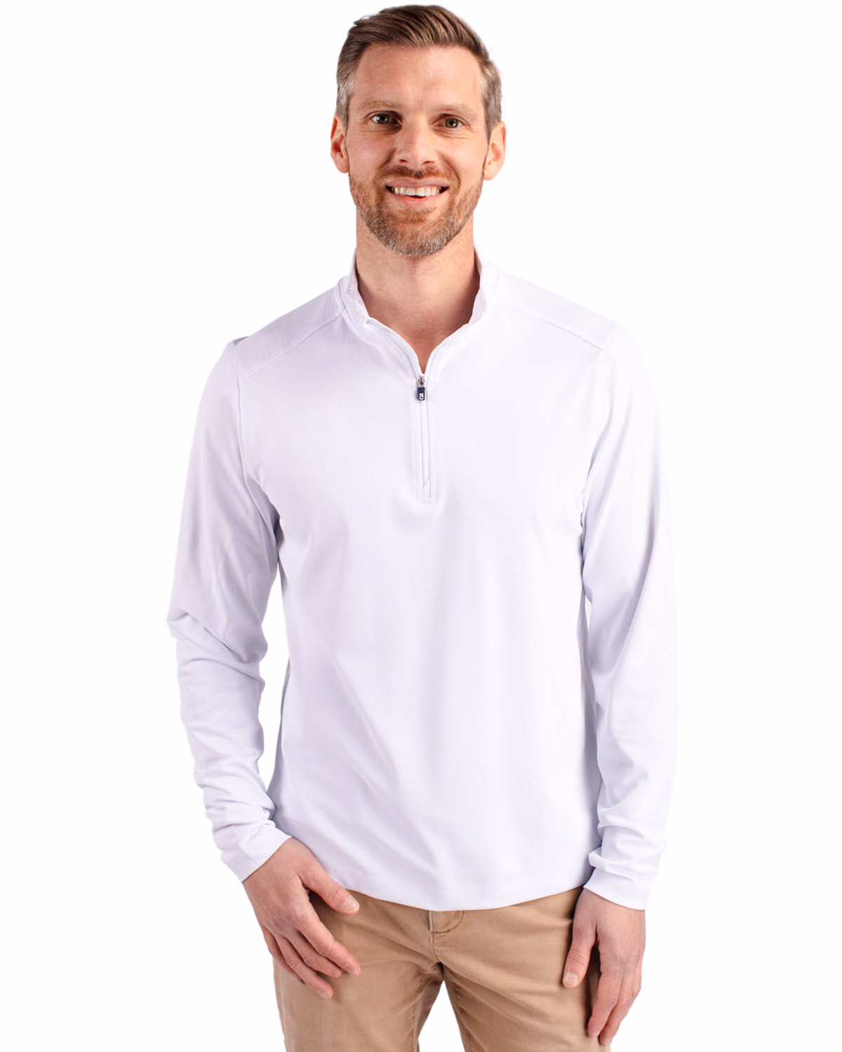 Custom Cutter & Buck Virtue Recycled Featherlight Pique Mens Quarter Zip Pullover — White front