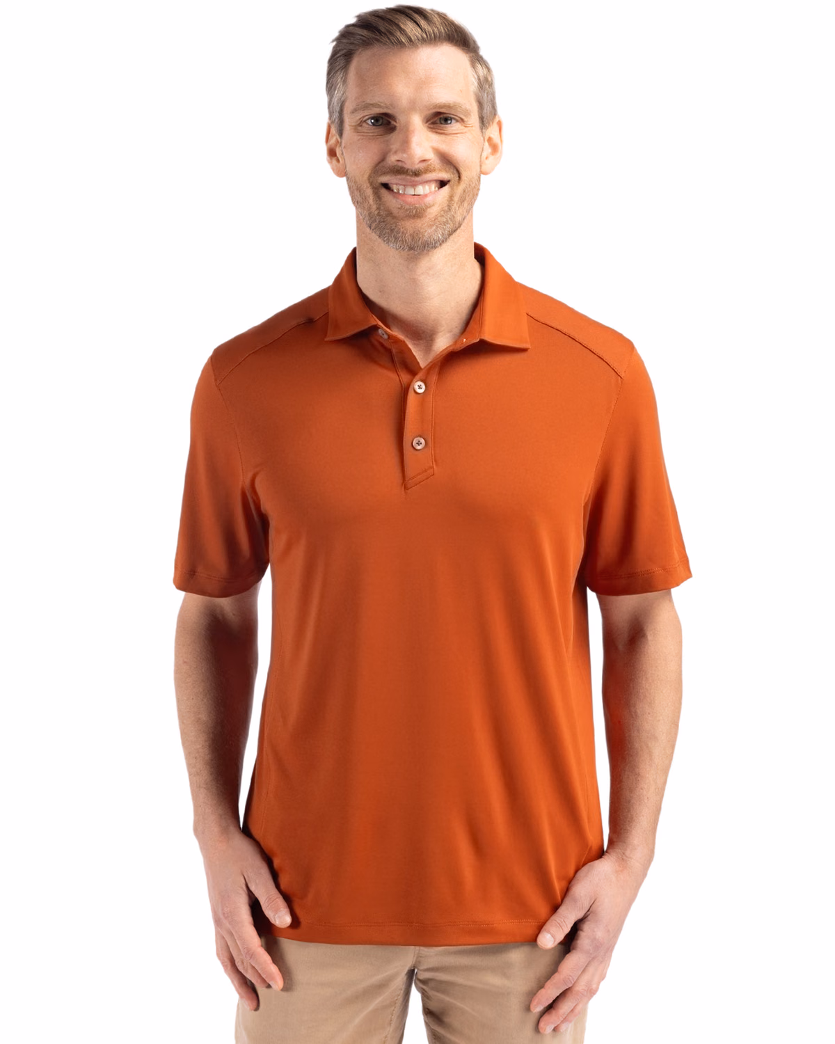 Custom Cutter & Buck Forge Recycled Four-Way Stretch Mens Polo — Texas Orange front
