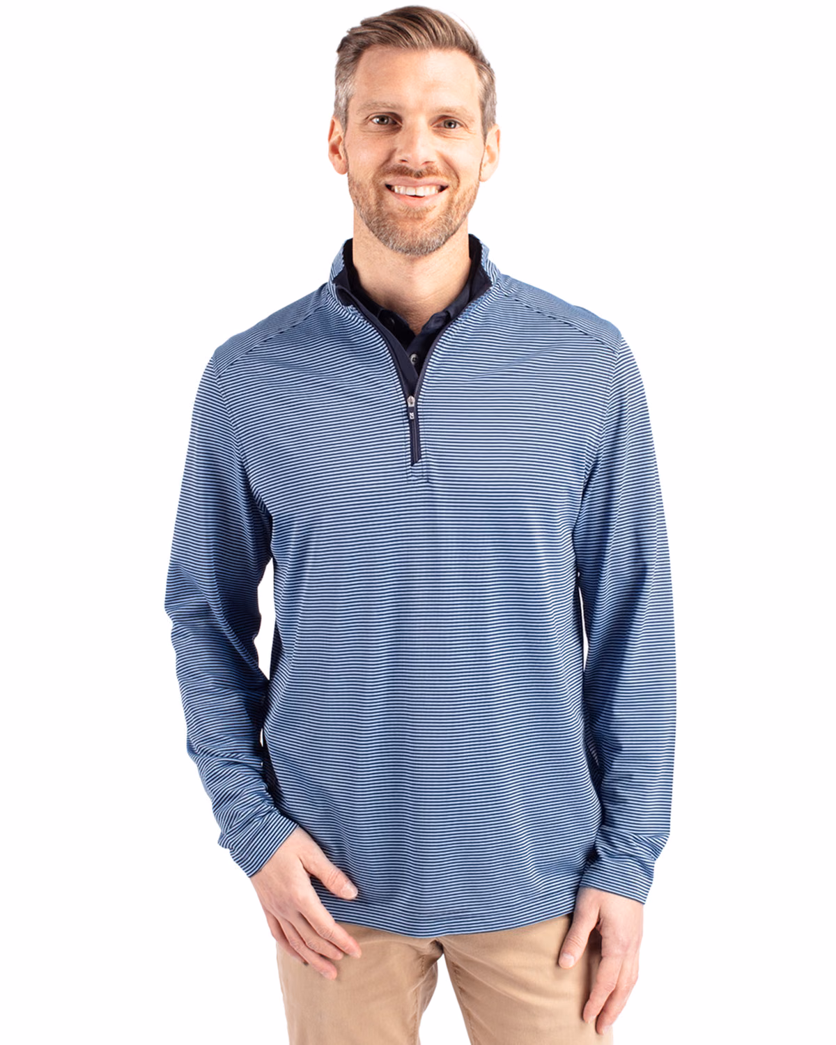 Custom Cutter & Buck Virtue Recycled Micro Stripe Featherlight Pique Mens Quarter Zip Pullover