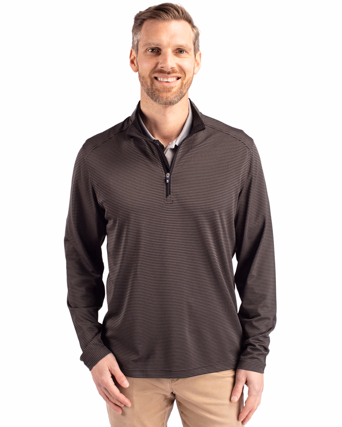 Custom Cutter & Buck Virtue Recycled Micro Stripe Featherlight Pique Mens Quarter Zip Pullover — Black/Elemental Grey front