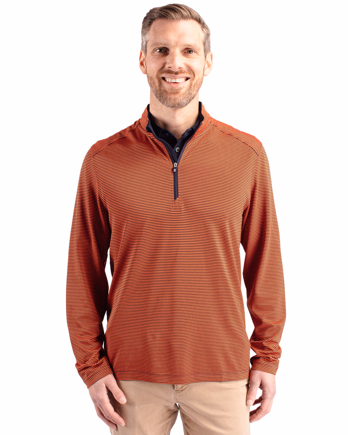 Custom Cutter & Buck Virtue Recycled Micro Stripe Featherlight Pique Mens Quarter Zip Pullover — College Orange/Navy Blue…