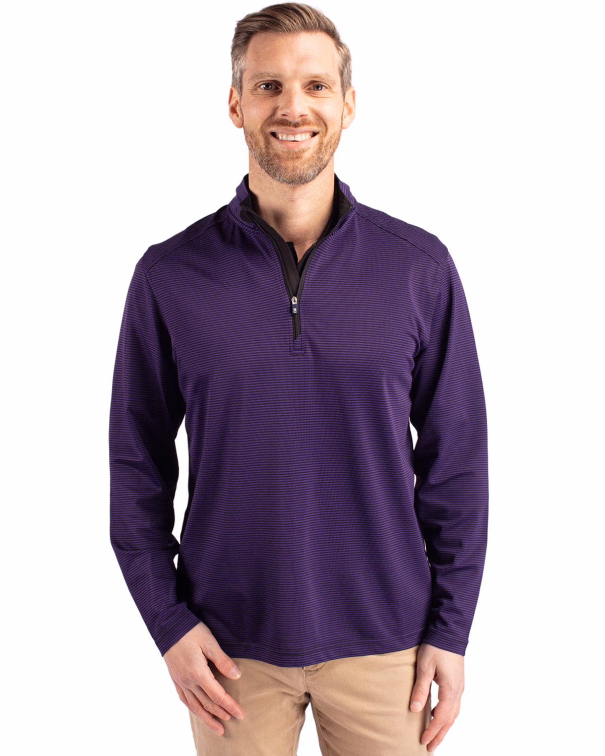 Custom Cutter & Buck Virtue Recycled Micro Stripe Featherlight Pique Mens Quarter Zip Pullover — College Purple/Black front