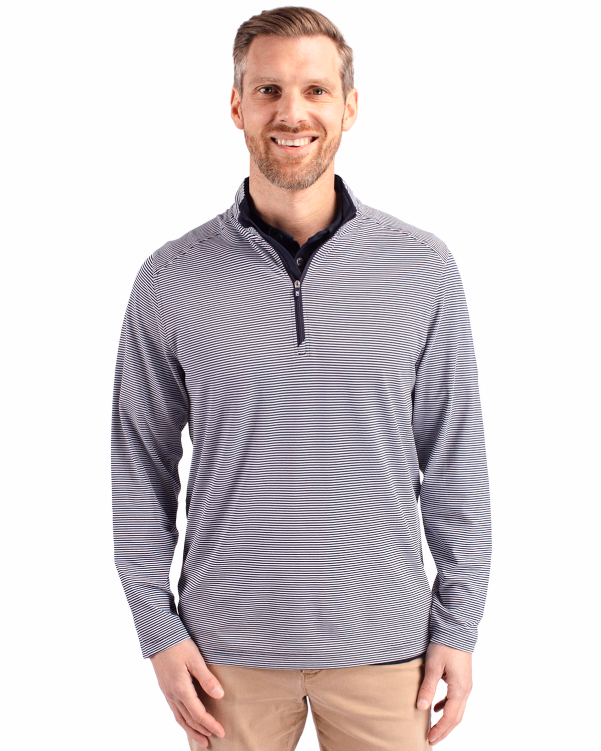 Custom Cutter & Buck Virtue Recycled Micro Stripe Featherlight Pique Mens Quarter Zip Pullover — Navy Blue/White front