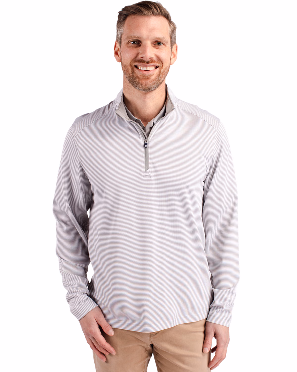 Custom Cutter & Buck Virtue Recycled Micro Stripe Featherlight Pique Mens Quarter Zip Pullover — Polished/White front
