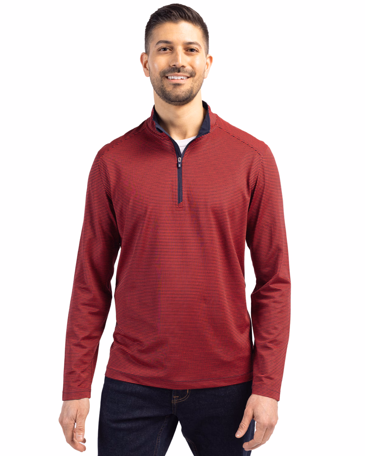 Custom Cutter & Buck Virtue Recycled Micro Stripe Featherlight Pique Mens Quarter Zip Pullover — Red/Navy Blue front