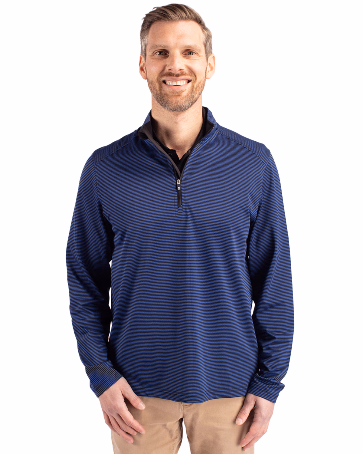 Custom Cutter & Buck Virtue Recycled Micro Stripe Featherlight Pique Mens Quarter Zip Pullover — Tour Blue/Black front