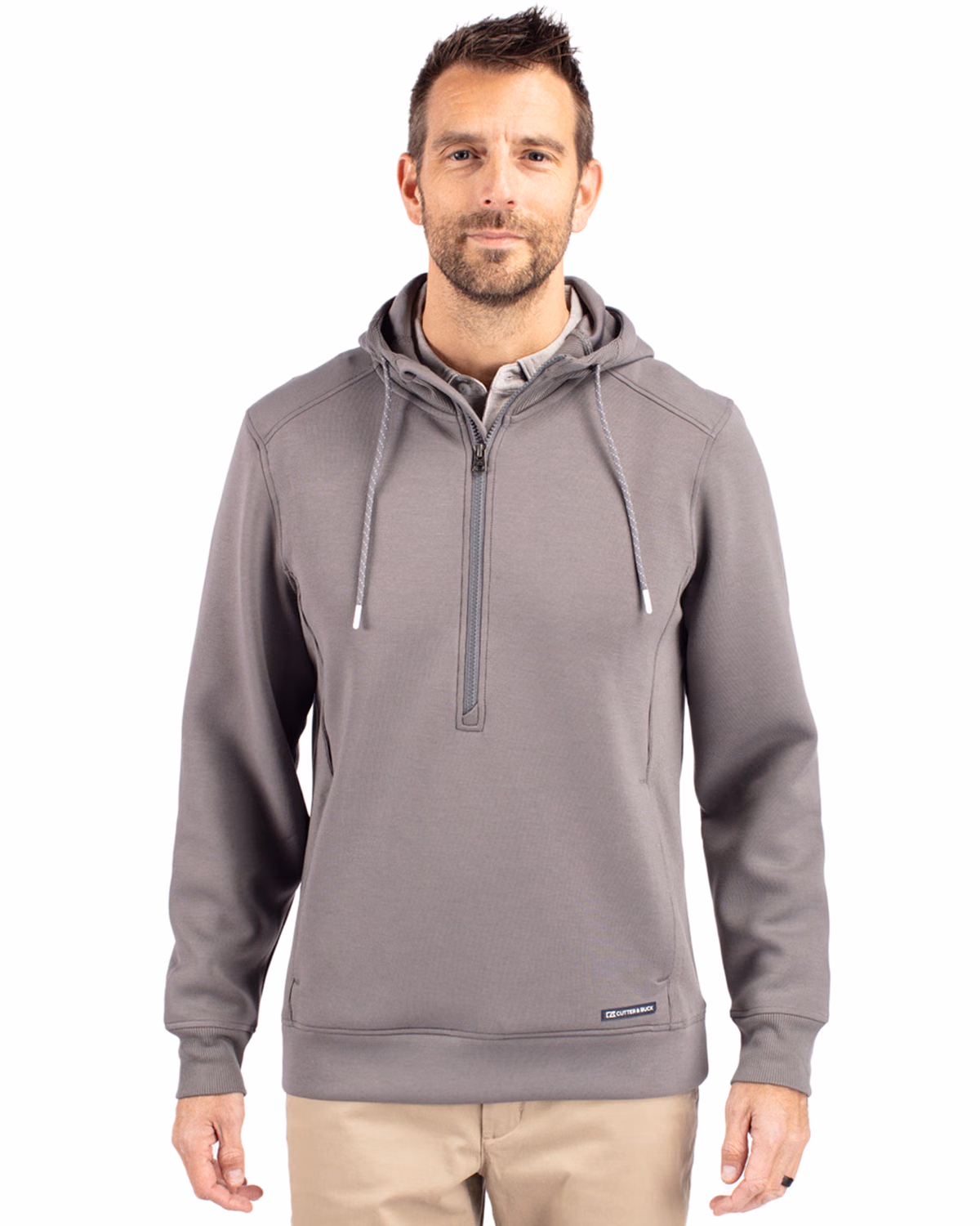 Custom Cutter & Buck Roam Recycled Buttery-Soft Knit Mens Half Zip Hooded Pullover — Elemental Grey front