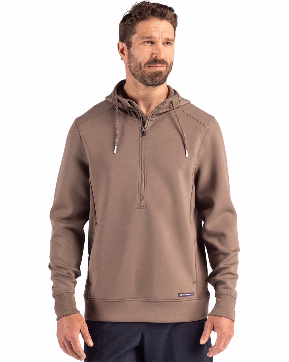 Custom Cutter & Buck Roam Recycled Buttery-Soft Knit Mens Half Zip Hooded Pullover — Mushroom front