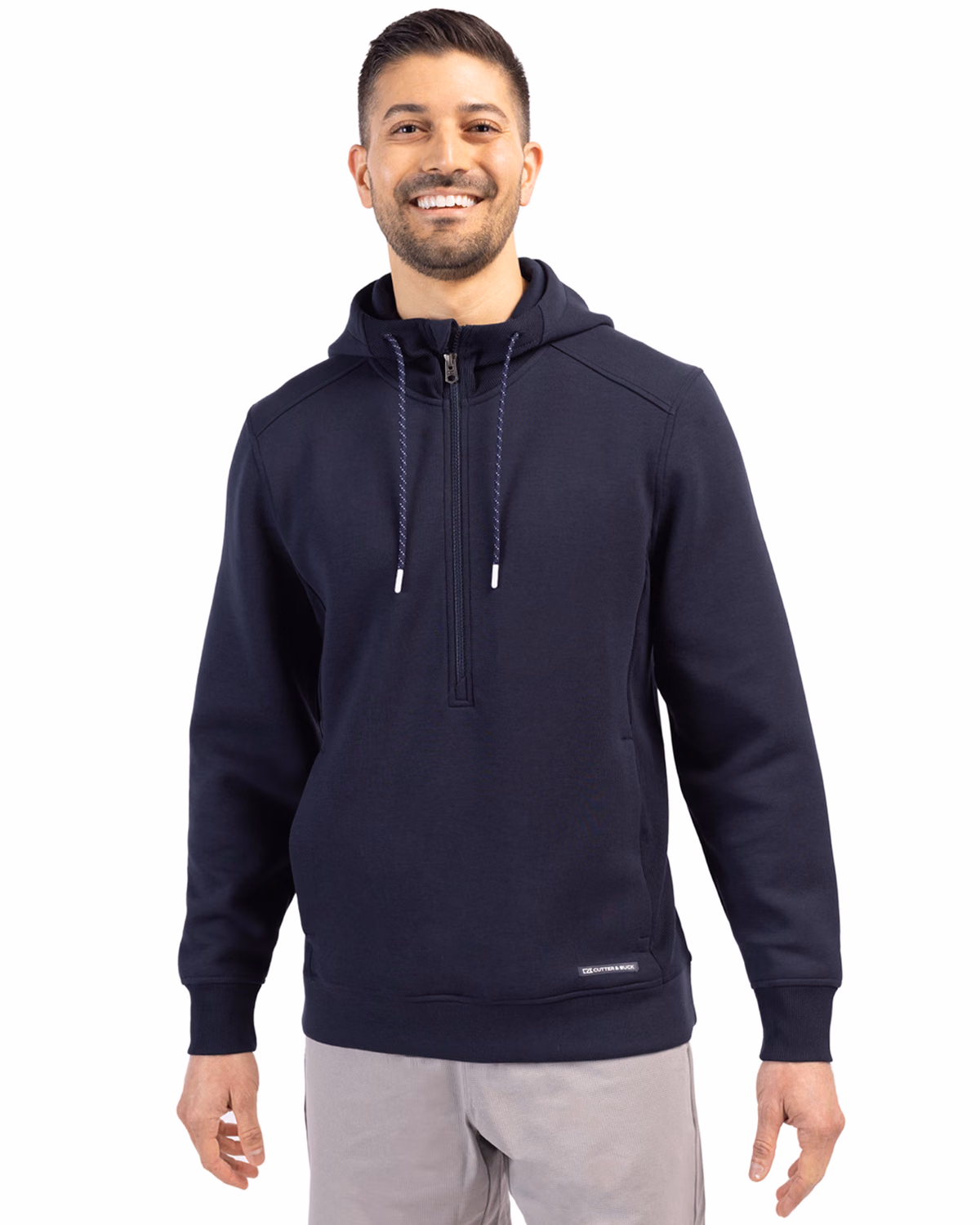 Custom Cutter & Buck Roam Recycled Buttery-Soft Knit Mens Half Zip Hooded Pullover — Navy Blue front