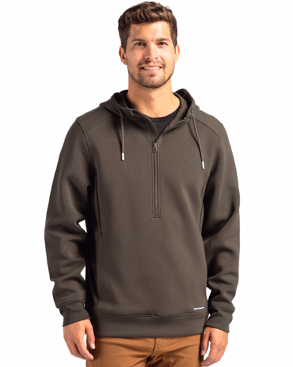 Custom Cutter & Buck Roam Recycled Buttery-Soft Knit Mens Half Zip Hooded Pullover — Poplar front