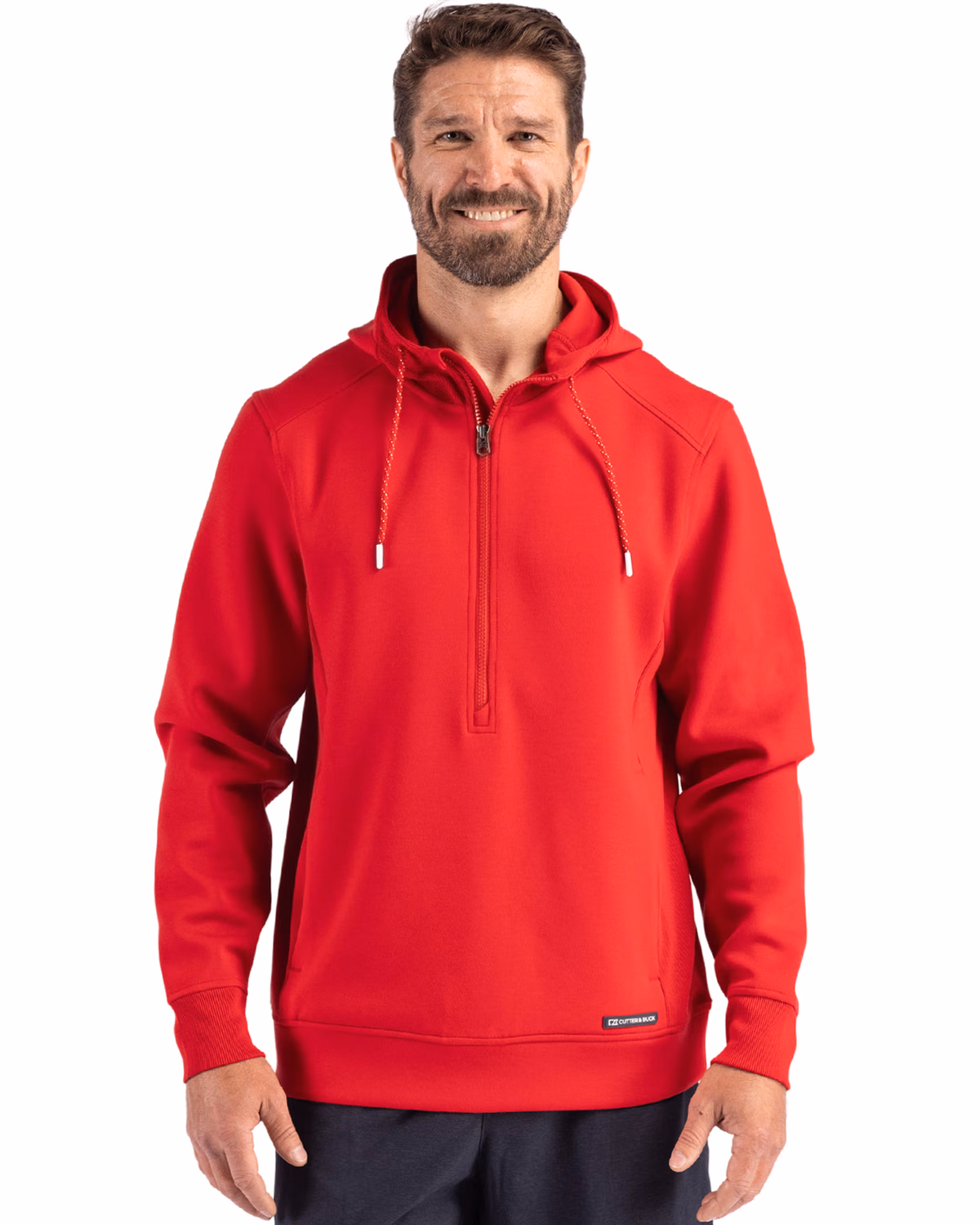 Custom Cutter & Buck Roam Recycled Buttery-Soft Knit Mens Half Zip Hooded Pullover — Red front