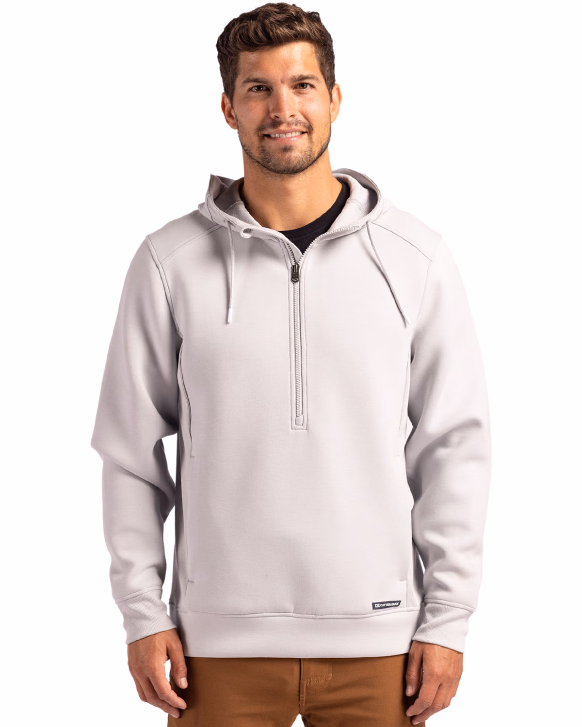 Custom Cutter & Buck Roam Recycled Buttery-Soft Knit Mens Half Zip Hooded Pullover — Solitaire front