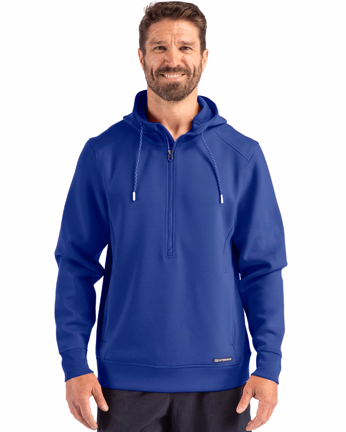 Custom Cutter & Buck Roam Recycled Buttery-Soft Knit Mens Half Zip Hooded Pullover — Tour Blue front