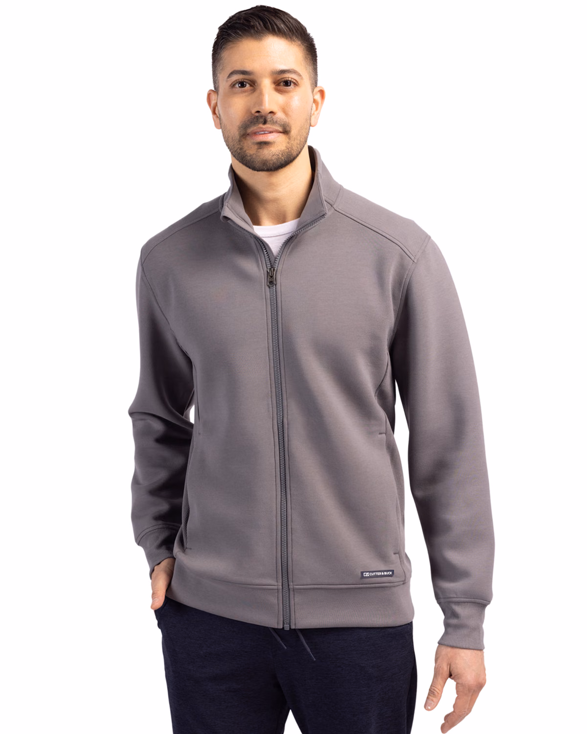 Custom Cutter & Buck Roam Recycled Buttery-Soft Knit Mens Full Zip Jacket — Elemental Grey front