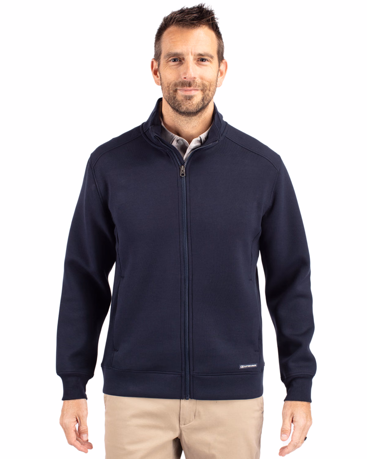Custom Cutter & Buck Roam Recycled Buttery-Soft Knit Mens Full Zip Jacket — Navy Blue front