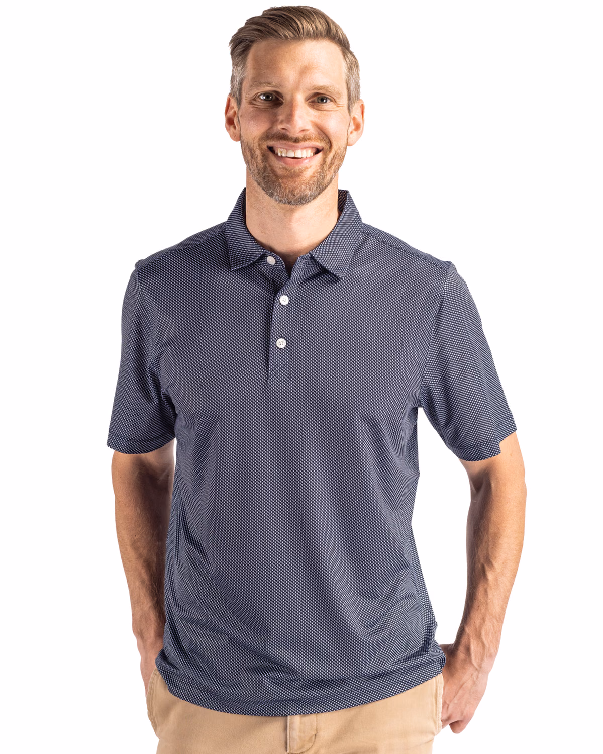 Custom Cutter & Buck Pike Recycled Symmetry Print Mens Polo — Navy Blue/White front
