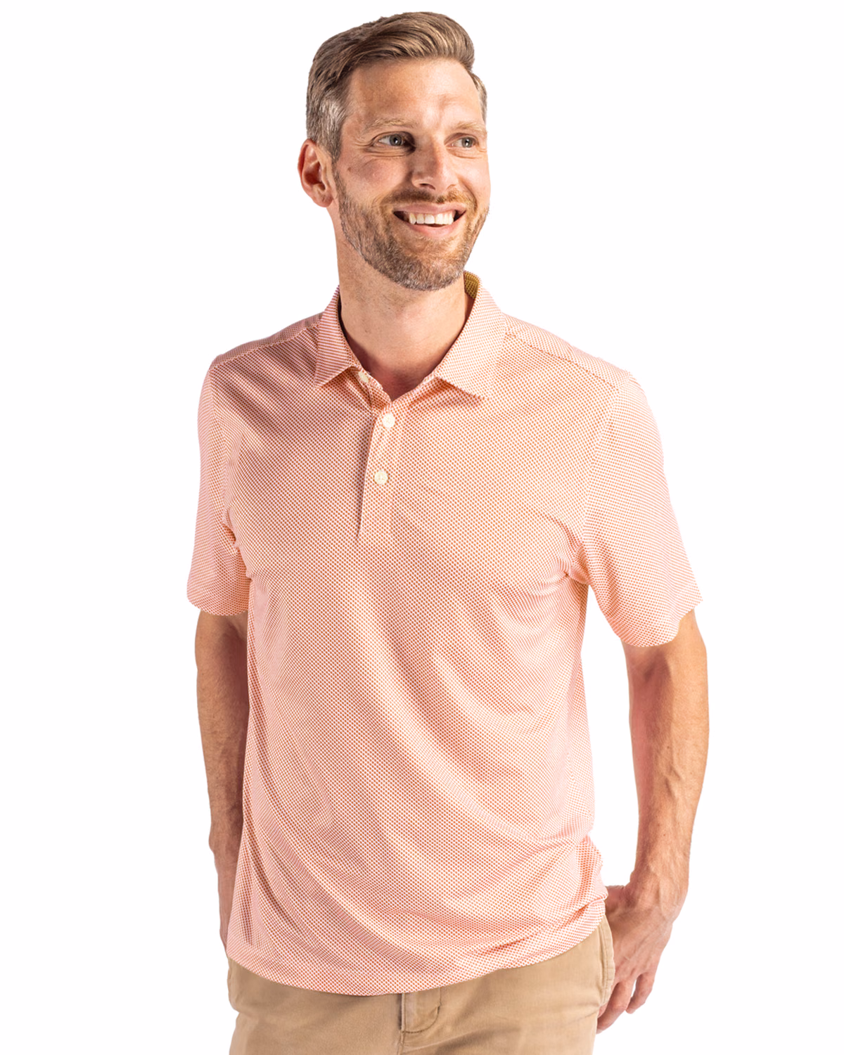 Custom Cutter & Buck Pike Recycled Symmetry Print Mens Polo — White/College Orange front