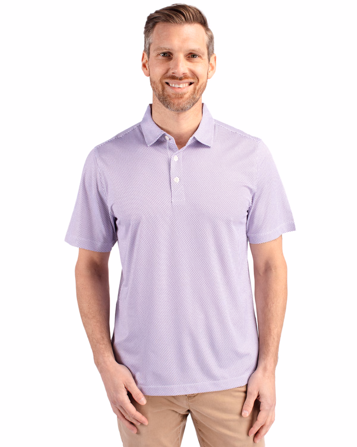 Custom Cutter & Buck Pike Recycled Symmetry Print Mens Polo — White/College Purple front
