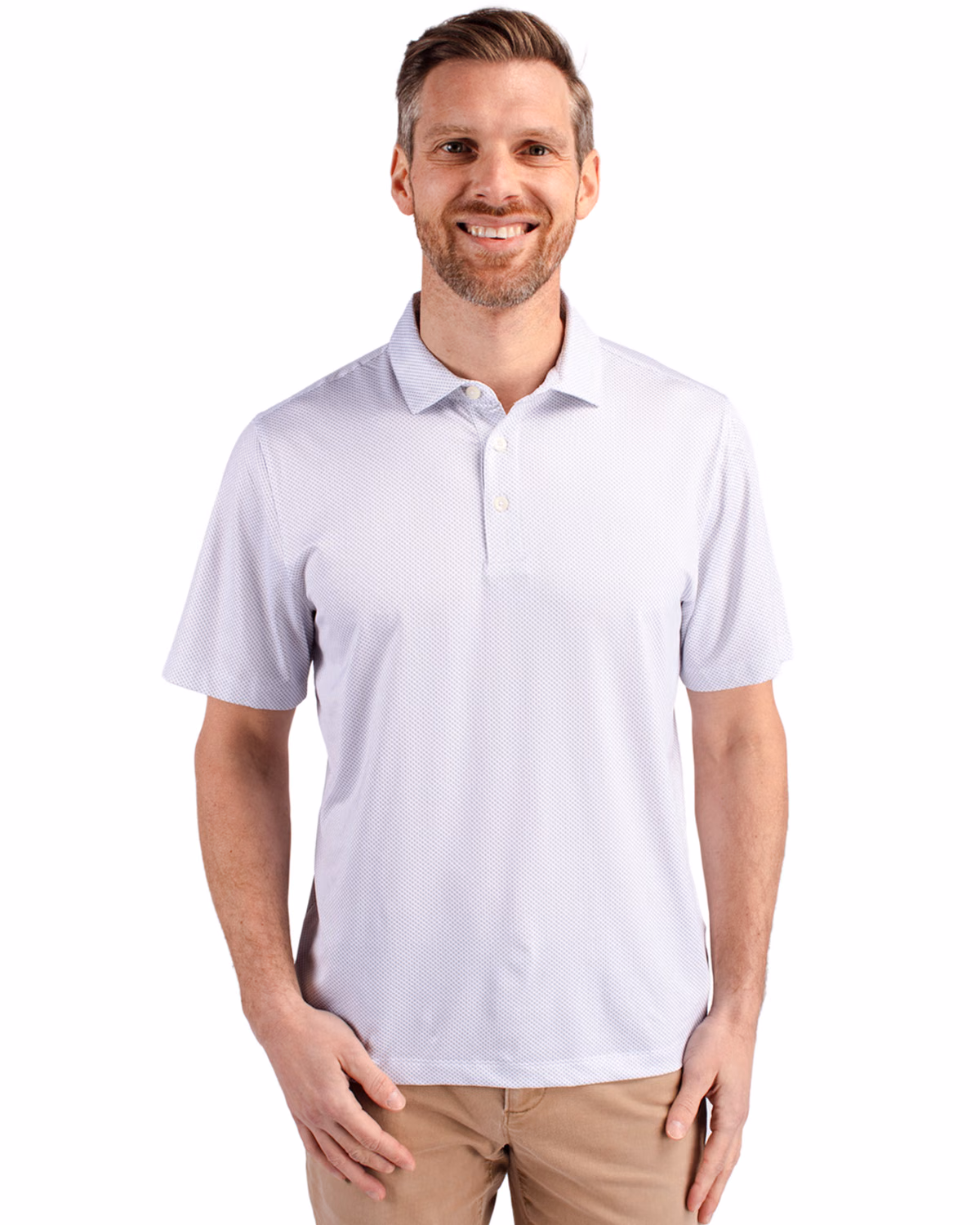 Custom Cutter & Buck Pike Recycled Symmetry Print Mens Polo — White/Polished front